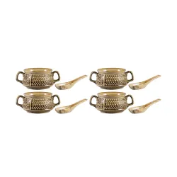 Caffeine Ceramic Handmade Brown Metallic Double Handled Soup Bowl (Set of 4)