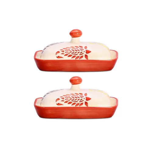 Image of Caffeine Ceramic Stonwear Handmade Red Boota Butter Tray with lid 6inch (Set of 2)