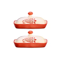 Caffeine Ceramic Stonwear Handmade Red Boota Butter Tray with lid 6inch (Set of 2)