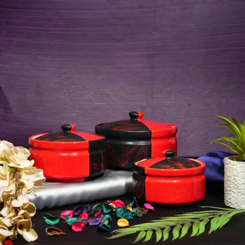 Image of Caffeine Ceramic Handmade Half Red & Black Bamboo Serving Casserole with Lid (Set of 3)