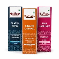 Caffiora Liquid Coffee Concentrate | Triple Flavour Combo | Classic Brew + Creamy Caramel + Rich Hazelnut | 15 Sachets (3 x 5 x 20ml) | Instant Coffee | Sugar Free | Hot & Cold