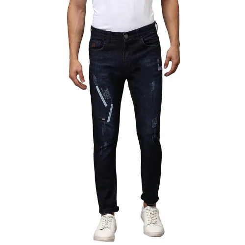 Image of CAHOOT Men's Dark Blue Patchwork Slim Fit Denim Jeans Everyday