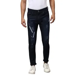CAHOOT Mens Dark Blue Patchwork Slim Fit Denim Jeans Everyday