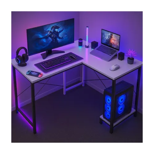 Image of Callas L Shaped Computer Desk - Gaming Corner 50 Inch PC, Computer Corner Desk, Writing Workstation with Wooden Desktop 