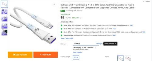 Image of Callmate USB Type C Cable 2 A 1.5 m 65W Data & Fast Charging cable