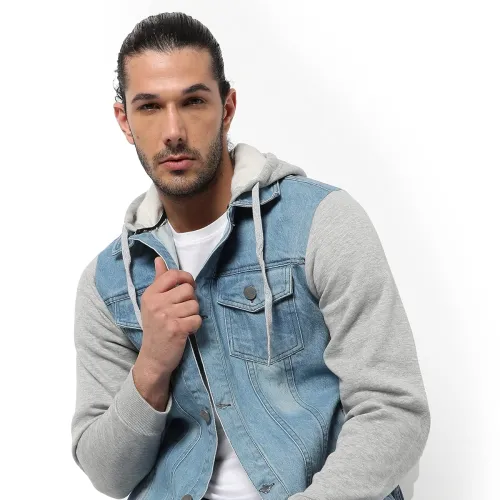Image of Campus Sutra Men's Cotton Hooded Denim Jacket