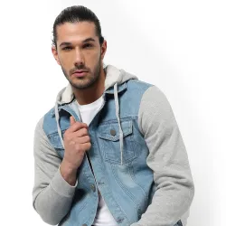 Campus Sutra Mens Cotton  Hooded Denim Jacket