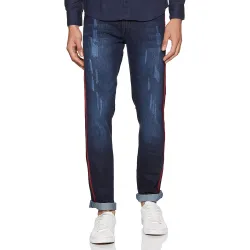 Campus Sutra Mens Classic Blue Dark-Washed Distressed Side Striped Regular Fit Denim Jeans