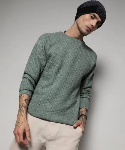 Image of CAMPUS SUTRA  Men Solid Round Neck Green Sweater