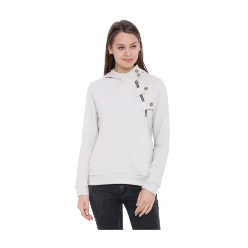 Image of Campus Sutra Women's Cream High Neck Side Button Hoodie