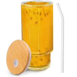 Can Shape Glass Cup with Wooden Lid & Glass Straw