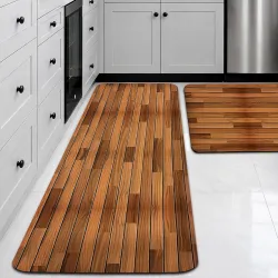 CANWAY Kitchen Mats for Floor Anti Slip, Set of 2 (40x60 cm & 120x40 cm), Waterproof & Washable Kitchen Floor Mats, Super Absorbent Kitchen Mat for Sink, Cooking Area & Home, Wooden Design