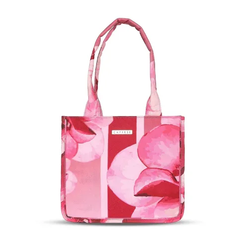 Image of Caprese IRIS Floral Printed Pink Poly Canvas Large Tote Handbag