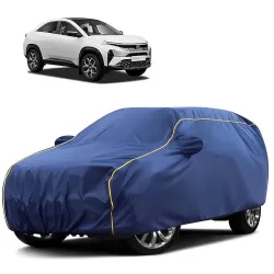 Sulfar 100% Water Resistant Car Body Cover Compatible with Mirror for Tata Curvv (Triple Stitched, Full Bottom Elastic, Blue Tafetta with Yellow Piping)