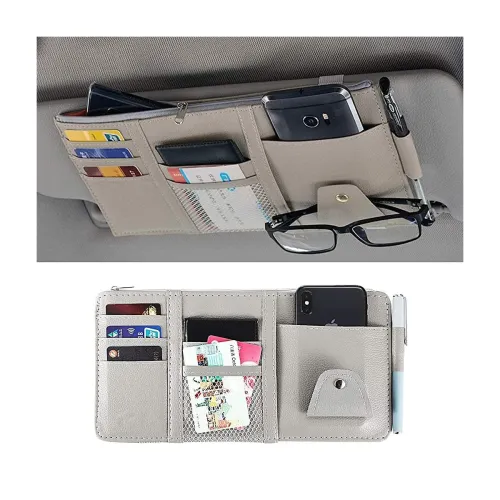 Image of Car Sun Visor Organizer with Card Pockets, Zip Pocket, Phone Slot, Mesh Pockets