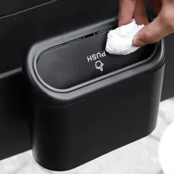 Car Trash Bin with Lid Hanging Back Clip Mini Garbage Container for Car Interior, Push Button Clamshell Dustbin for Door