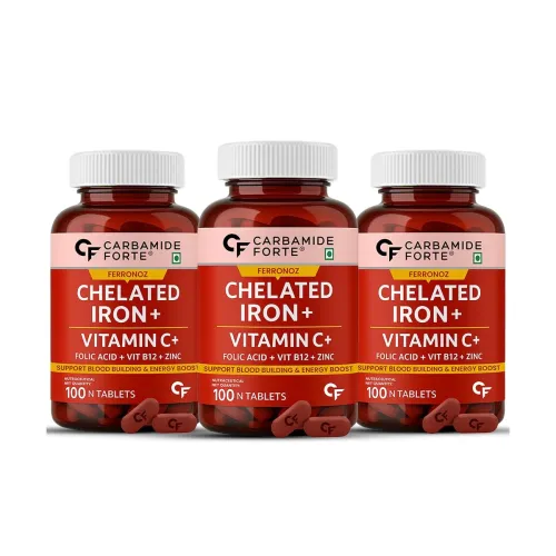 Image of Carbamide Forte Chelated Iron + Vitamin C, B12, Folic Acid & Zinc - 100 Veg Iron Tablets (Pack of 3)