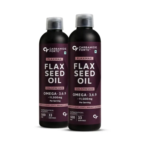 Image of Carbamide Forte Cold Pressed Flaxseed Oil with 11500mg Omega 3 6 9 per Serving for Eating, Skin & Hair Growth - 500ml Ve