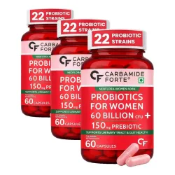 Carbamide Forte Women’s Probiotics Supplement 60 Billion CFU | Vaginal Probiotics & Gut Health Supplements with Cranberry Extract | 60 Veg Capsules (Pack of 3)