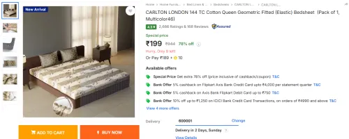 Image of CARLTON LONDON 144 TC Cotton Queen Geometric Fitted (Elastic) Bedsheet