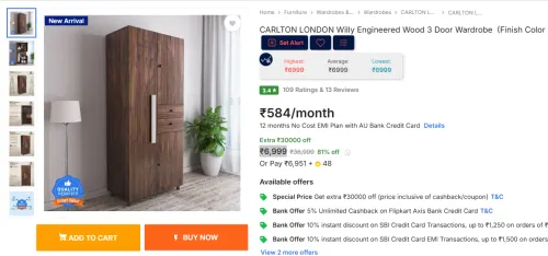 Image of CARLTON LONDON Willy Engineered Wood 3 Door Wardrobe