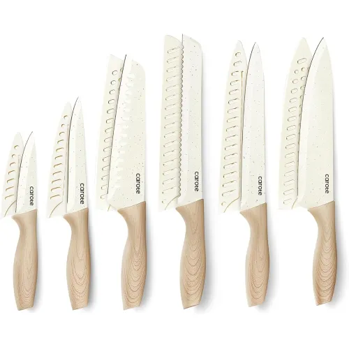 Image of CAROTE Knife Set 12 Piece Ceramic Coated Stainless Steel with Guards White