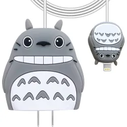 Cartoon 3D Design Protective Case for 18W 20W iPhone 14 13 12 11 Pro Max Fast Charging Cable Adapter Charger, Cute Cartoon Lightning Data Cable Case for iPhone Charger (Totoro), Grey