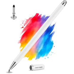 Case-Magic 2 in 1 Universal Stylus Pen with Fine Point Disc Tip+ Micro-Knit Hybrid Fiber Tip| for Smartphone /Tablet/iPad/Pro/Air/iPhone/iOS/Android/All Touch Screens| Aluminum Body (White)