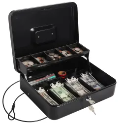 Cash Box with Money Tray and Lock, Large Money Box for Cash, 5 Compartments with Cover, 4 Spring-Loaded, Money Safe with Security Cable, Black