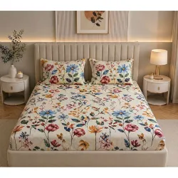 Castiqa Elastic Fitted 200TC Queen Size Bedsheets with 2 Pillow Covers 