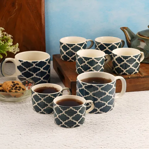 Image of CDI Blue Ethnic Ceramic Mugs Set – 8 Pcs, 150 ml
