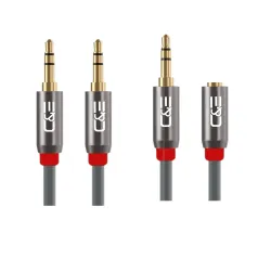 C & E 3.5mm [ 2 PACK Male to Male and Male to Female - Tangle-Free Metal Shell Audio Cable-50-Ft | AUX Cable - Gray