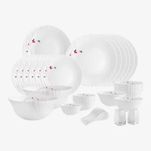 Image of cello Pack of 35 Opalware Dazzle Series Lush Fiesta | Light-Weight, Daily Use Crockery Set for Dining Dinner Set (Red, W