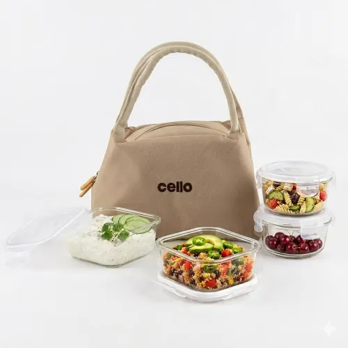Image of CELLO Alba Glass Lunch Box with Bag for Office Use, Beige