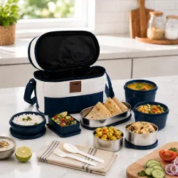 CELLO All Day Meal Lunch Box with Bag for Office Use Blue White | 550ml,375ml,225ml Microwave Safe Containers, 500ml + 300mlx2 Steel Containers, 175ml Salad Box with Spoon & Fork Tiffin Set....