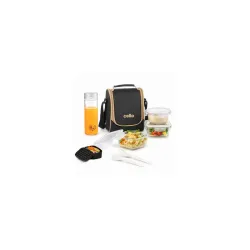 CELLO All in One Glass Lunch Box for Office Use, Black | 2 x 320ml Square, 1 x 240ml Round, 130ml Oval Containers, Spoon & Fork with 550ml Water Bottle Leak Proof Glass Tiffin Box Set for Travel
