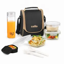 CELLO All in One Glass Lunch Box for Office Use, Black | 2 x 320ml Square, 1 x 240ml Round, 130ml Oval Containers, Spoon & Fork with 550ml Water Bottle Leak Proof Glass Tiffin Box Set for Tr...