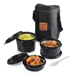 Cello All In One Lunch Box with Fabric Bag, Black 3 Microwave Safe Insulated Inner Steel Containers (550ml,375ml,225ml)| Food Grade, BPA Free, Air Tight Leak Proof Tiffin Box Set For Office,...