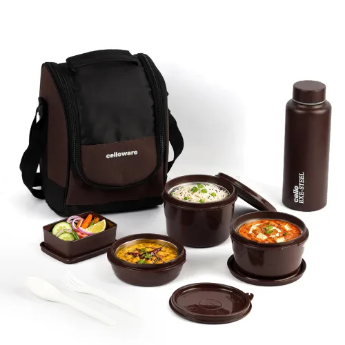 Image of CELLO MF All In One Lunch Box with Bag for Office Use, Brown | 225ml, 375ml, 550ml Microwave Safe Containers, 175ml Sala