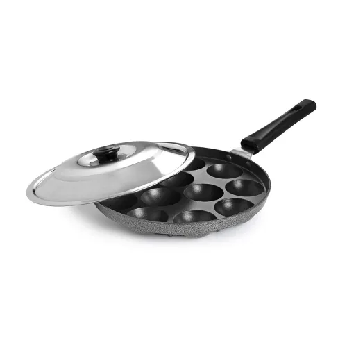 Image of CELLO Aluminium Nonstick 12 Cavity Appam Patra Pan Maker with Steel Lid, Black