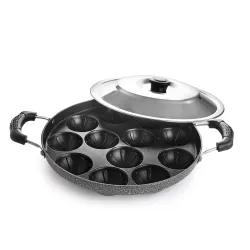 CELLO Aluminium Nonstick 12 Cavity Appam Patra Pan Maker with Steel Lid, Black | 2 Side Riveted Handle, Gas Stove Compatible Die-Cast Mini Uttappa Paniyarakkal Cup Cake Frying Pan Kadhai for...