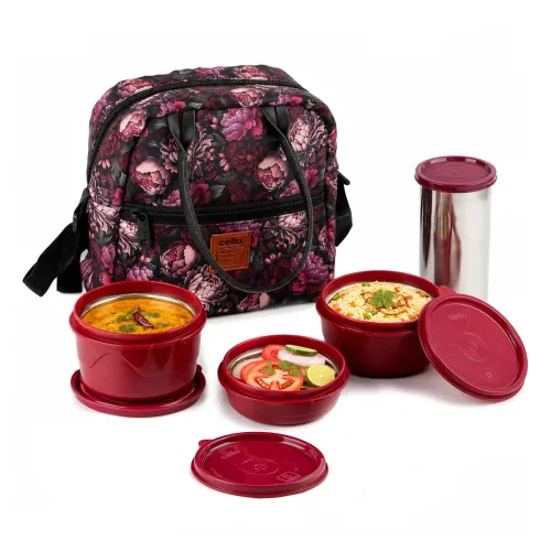 Image of CELLO Bella Lunch Box with Bag for Office Use, Maroon | 225ml, 375ml, 550ml Microwave & Oven Safe Containers with 500ml