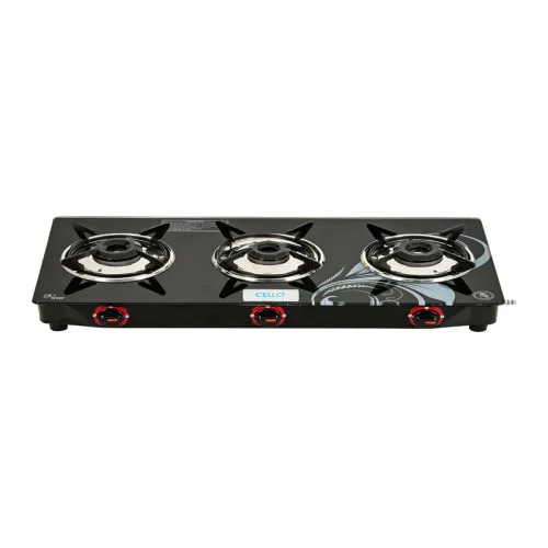 Image of Cello Black Glass Top 3 Burner Manual Gas Stove