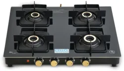 CELLO Black Pearl 4 Burner Toughened Glass Top Gas Stove, Brass Burners, Black Finish Glass Automatic Gas Stove (4 Burners)