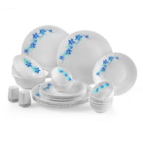 Image of CELLO Blue Swirl Dazzle Series Opalware Dinner Set of 23 Pieces for Family 