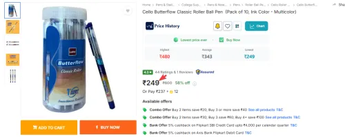 Image of Cello Butterflow Classic Roller Ball Pen  (Pack of 10)