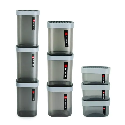 Image of CELLO Clarion Square Storage Containers with Lid, Set of 9 Pcs (500ml, 1000ml, 2200ml) X 3, Grey | BPA Free PET Body, Ai