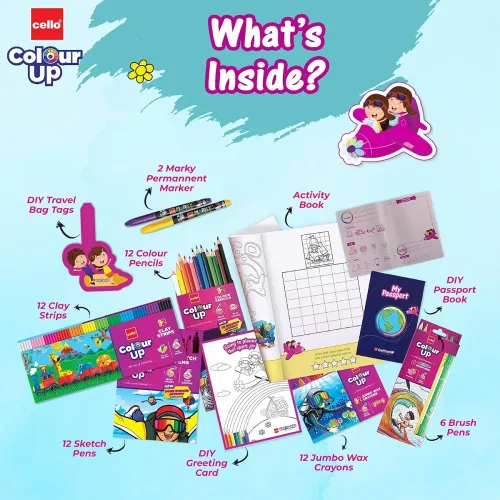 Image of Cello ColourUp Travel Kit Includes Crayons, Colour Pencils, Sketch Pens, Clay, DIY Passport & Bag Tag
