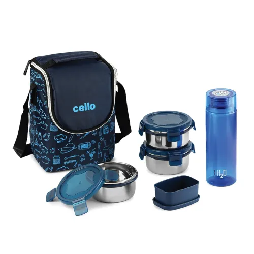 Image of CELLO Complete Meal Lunch Box Set with Jacket for Office Use Blue | 3 x 300ml Steel Container, 1 x 130ml Pickle Containe