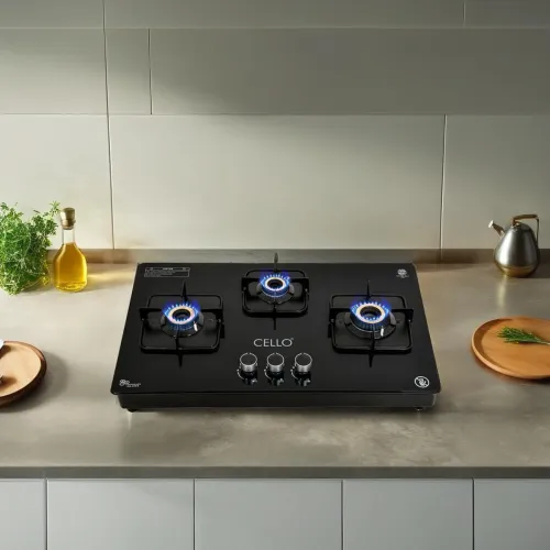 Image of CELLO Crysta Automatic Ignition Hob Top 8 MM Black Glass Automatic Gas Stove